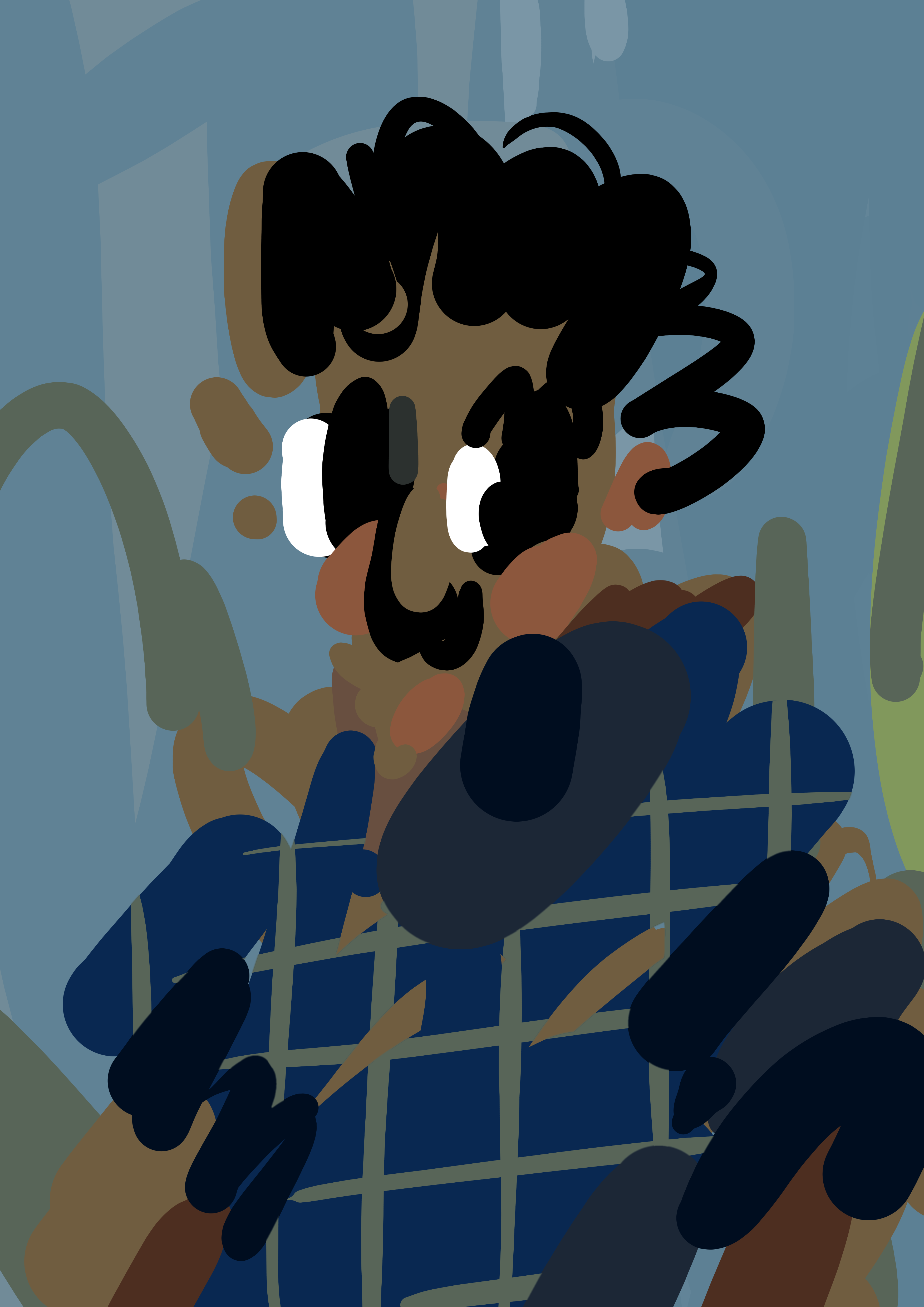 Fragmented digital portrait in blue and brown tones