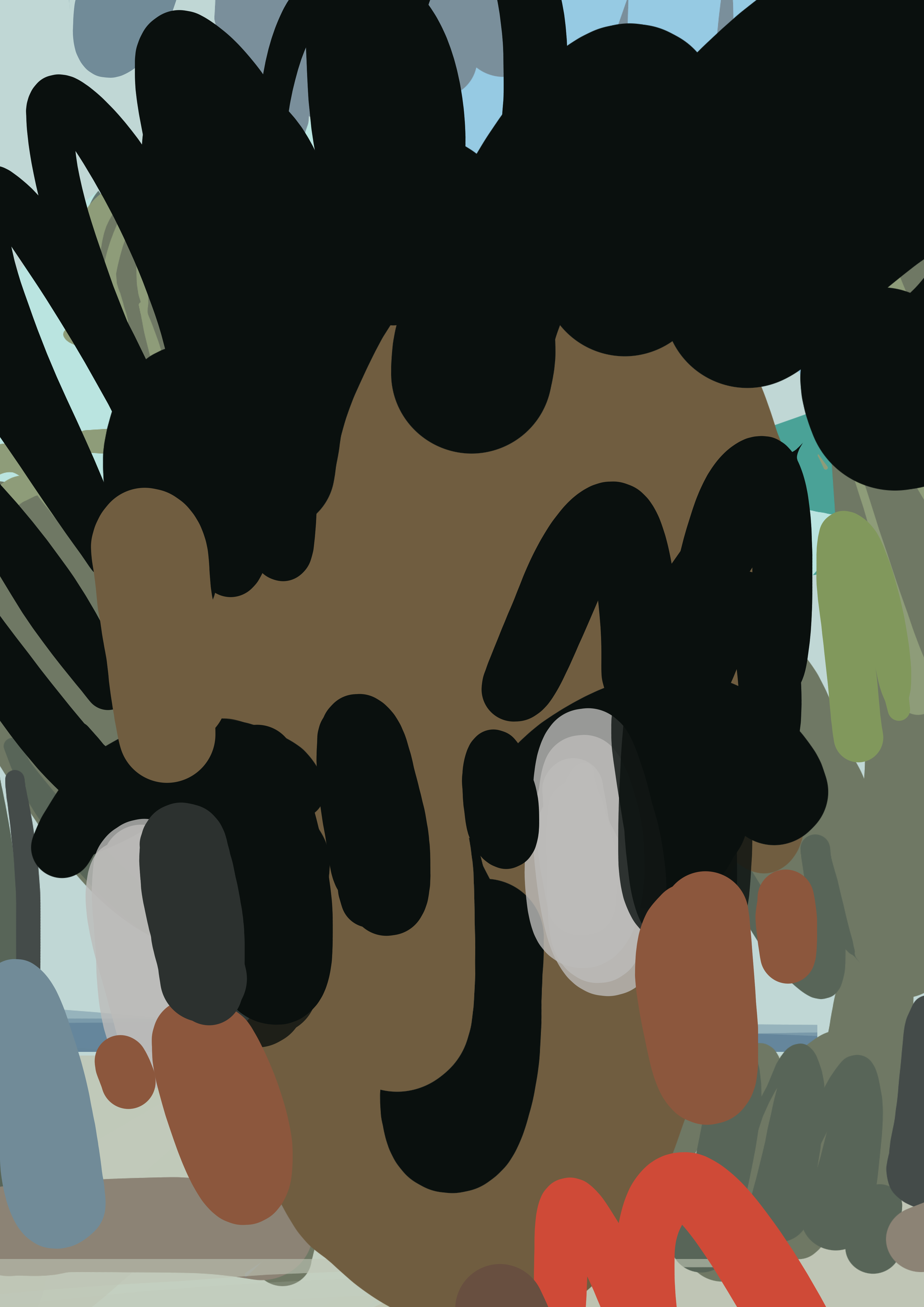 Fragmented digital portrait in black, brown and red
