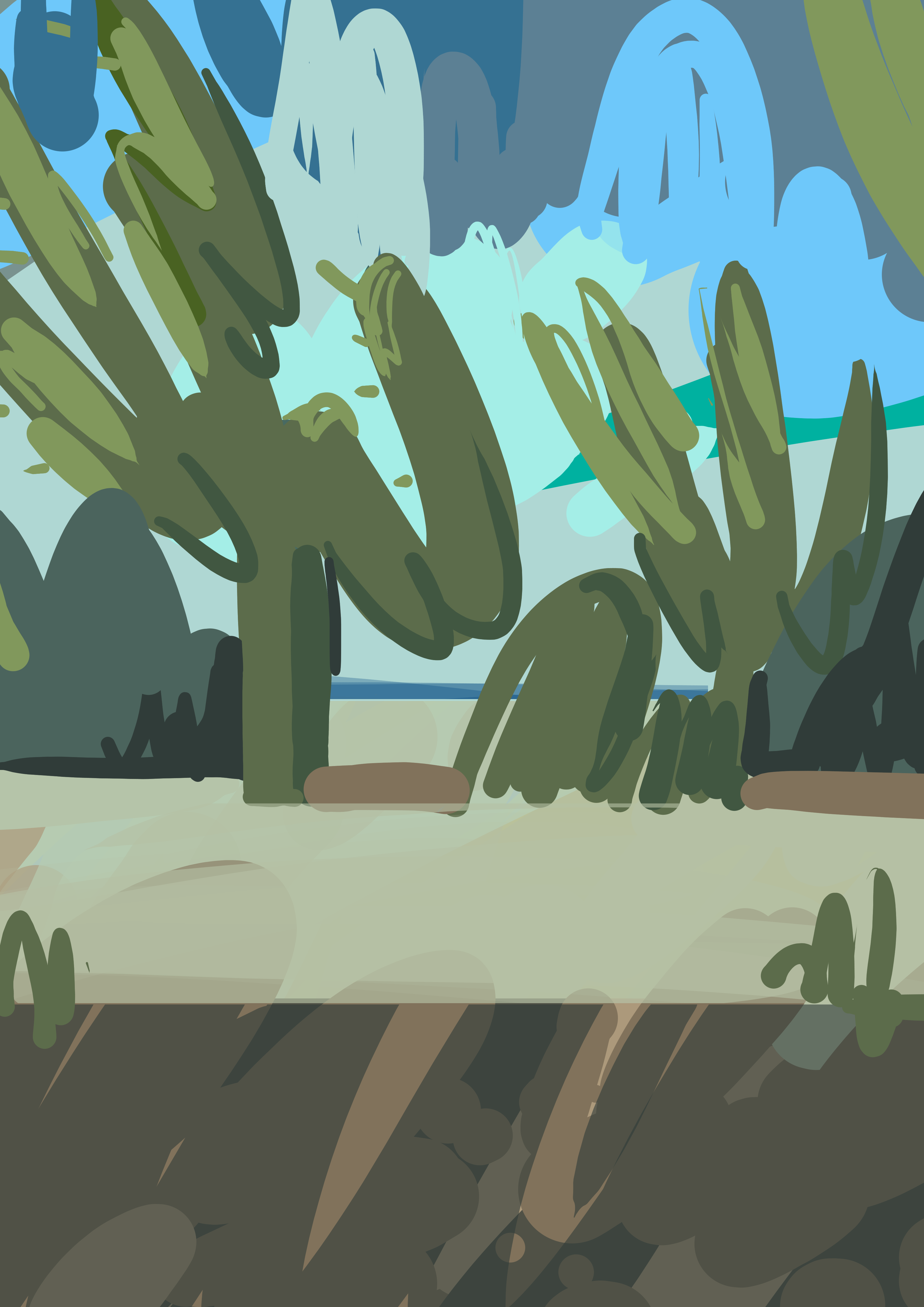 Abstract digital landscape in muted green and blue tones