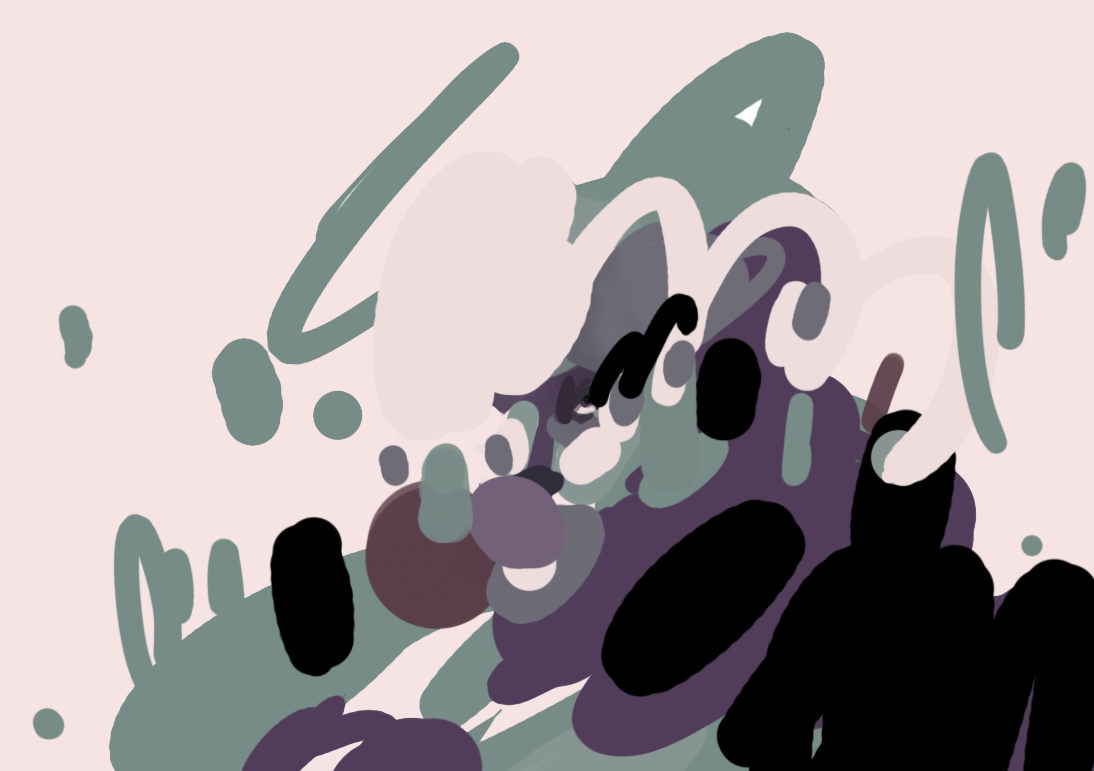 Layered abstract marks in green, lilac and black